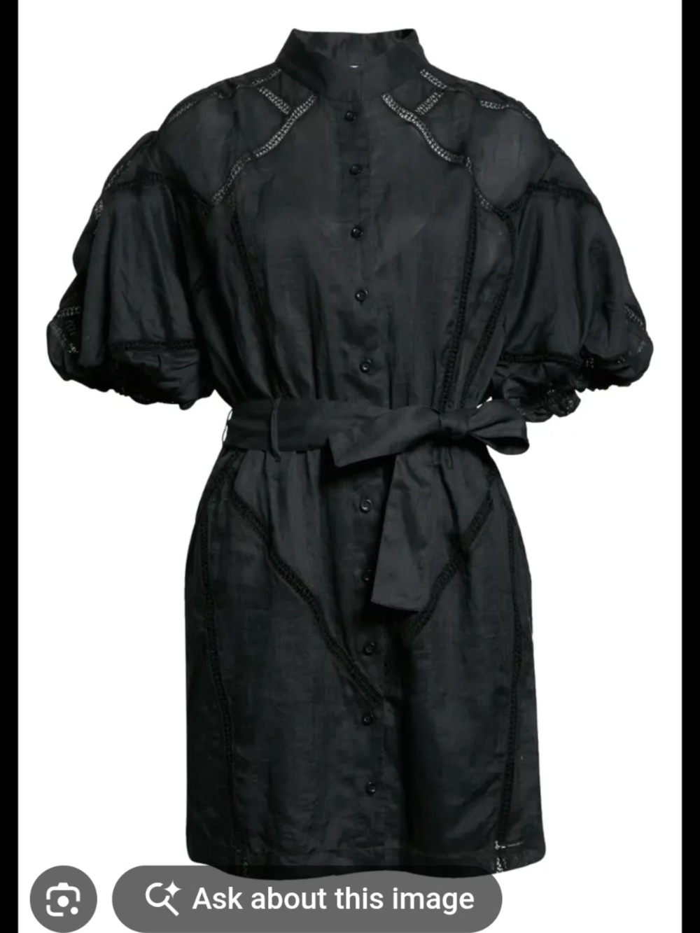 Frame Denim Inset Lace Black Puff-Sleeve Button-Front Mini Dress with Waist Tie